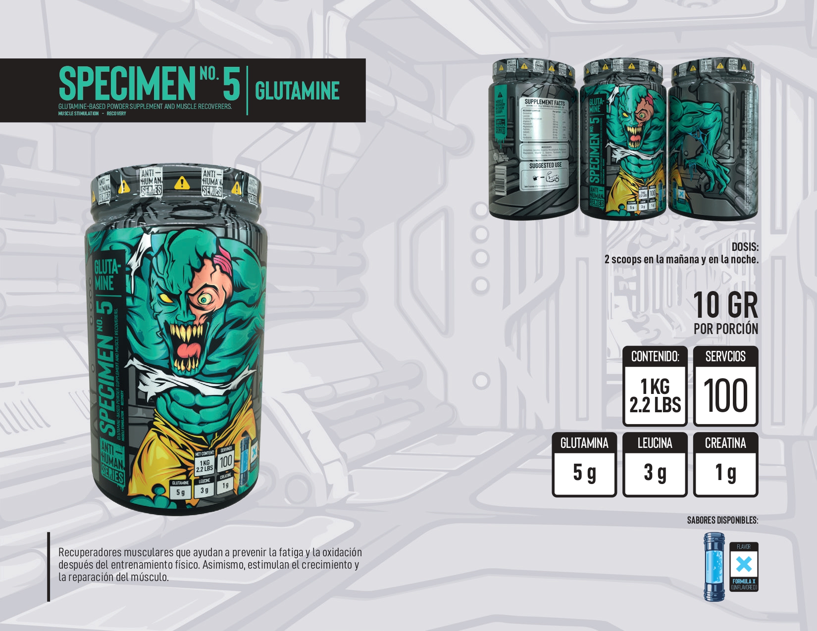 SPECIMEN NO° 5 GLUTAMINE-BASED POWDER SUPPLEMENT AND MUSCLE RECOVERERS. - Imagen 2